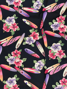 1 3/8 YD Cotton Vintage - Pink and Purple Hibiscus and Surfboards on Black