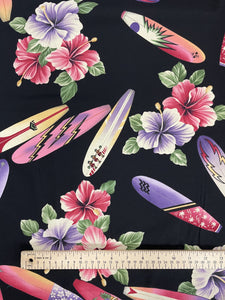 1 3/8 YD Cotton Vintage - Pink and Purple Hibiscus and Surfboards on Black