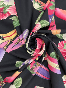 1 3/8 YD Cotton Vintage - Pink and Purple Hibiscus and Surfboards on Black