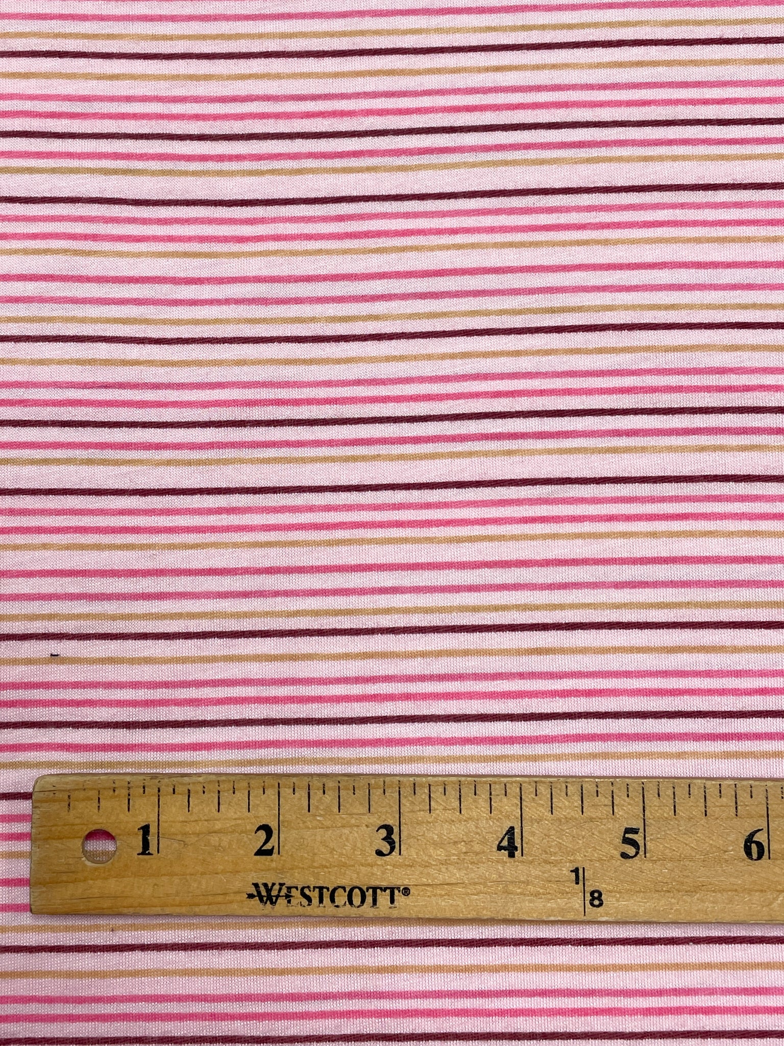 2 YD Polyester Knit - Pink with Pink, Burgundy and Golden Beige Stripes