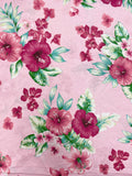 1 3/8 YD Cotton Knit - Pink and Burgundy Tropical Flowers with Green Leaves on Pink