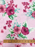 1 3/8 YD Cotton Knit - Pink and Burgundy Tropical Flowers with Green Leaves on Pink