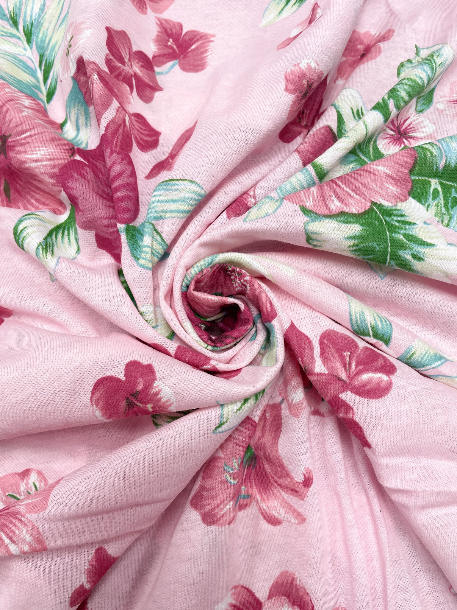 1 3/8 YD Cotton Knit - Pink and Burgundy Tropical Flowers with Green Leaves on Pink