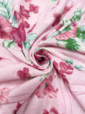 1 3/8 YD Cotton Knit - Pink and Burgundy Tropical Flowers with Green Leaves on Pink