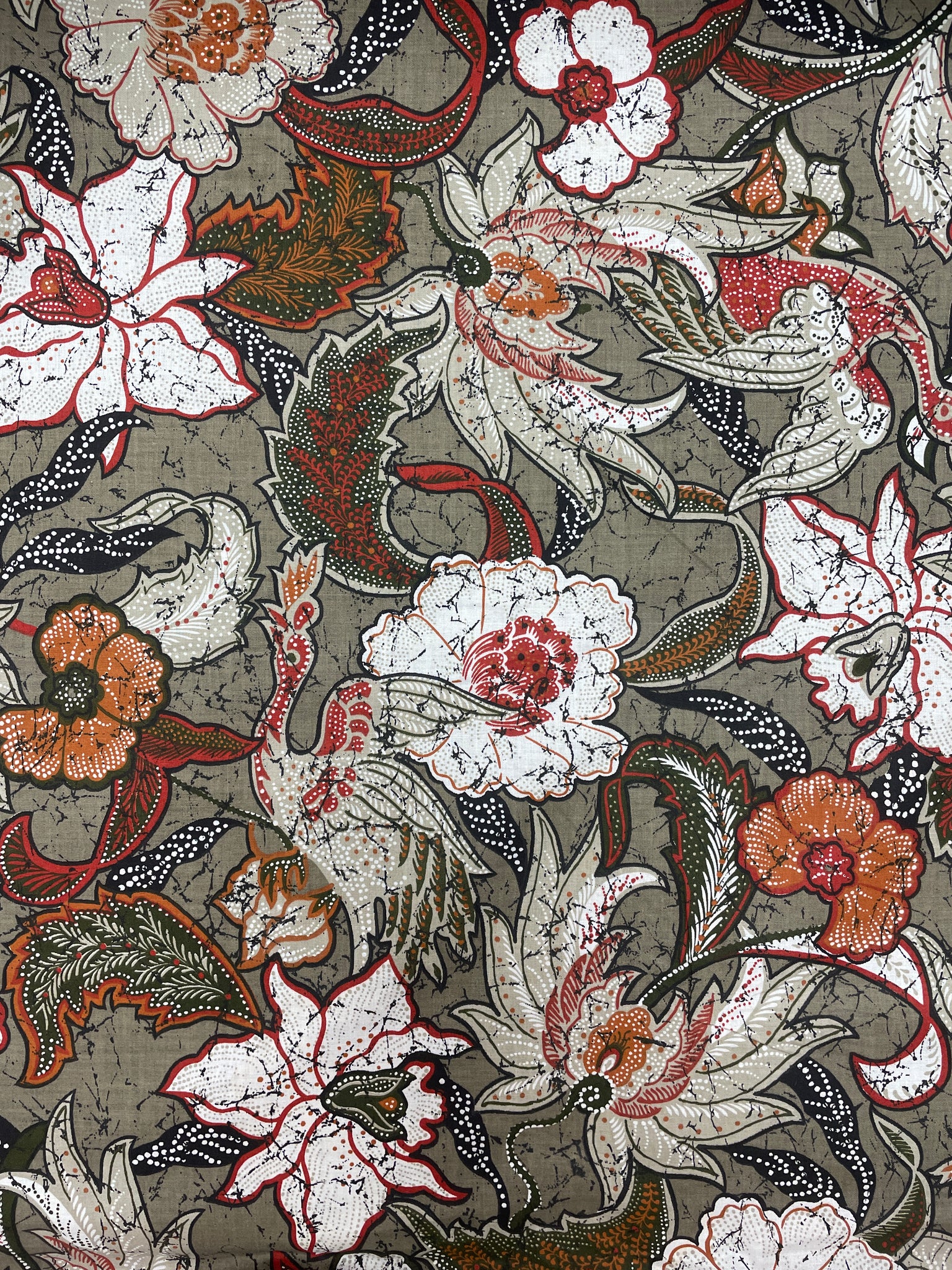 Cotton Vintage - Greenish Gray with Jacobean Flowers in Off White, Army Green, Orange and Red