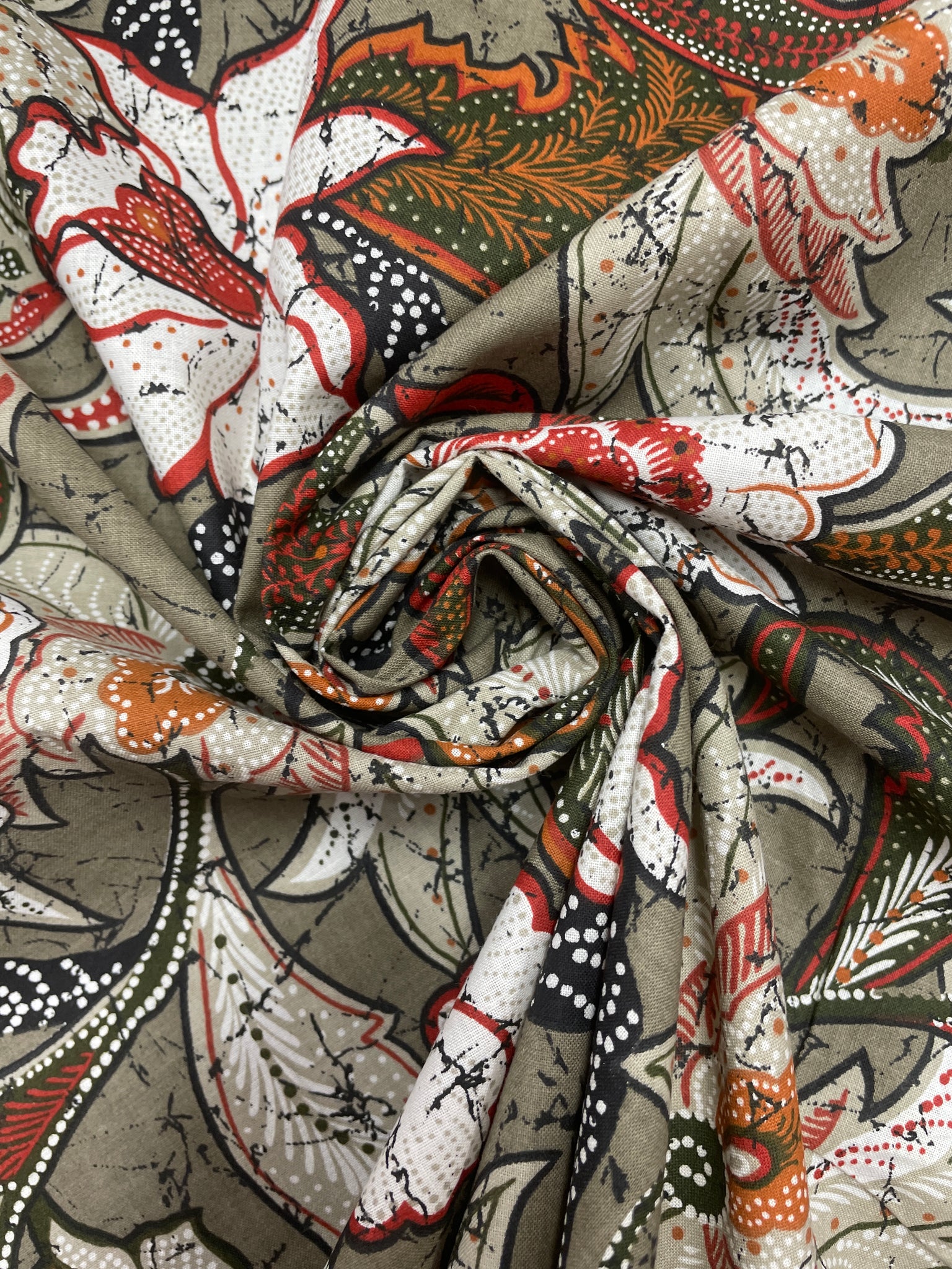 Cotton Vintage - Greenish Gray with Jacobean Flowers in Off White, Army Green, Orange and Red