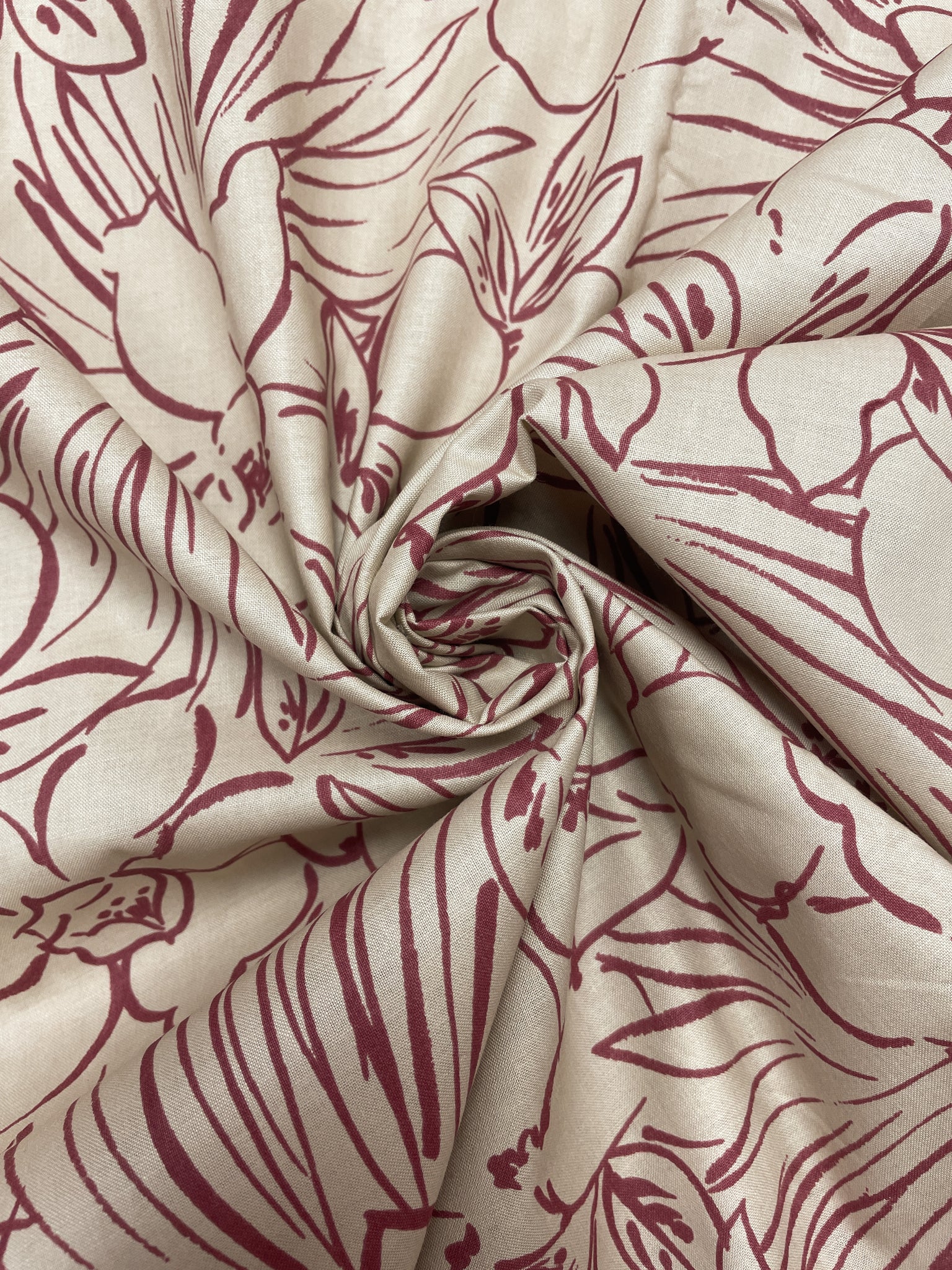 Cotton Vintage - Beige with Burgundy Outlines of Fruit and Leaves