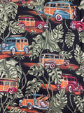 1997 Cotton/Rayon Vintage - Classic Woody Cars and Tropical Leaves on Black