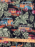 1997 Cotton/Rayon Vintage - Classic Woody Cars and Tropical Leaves on Black