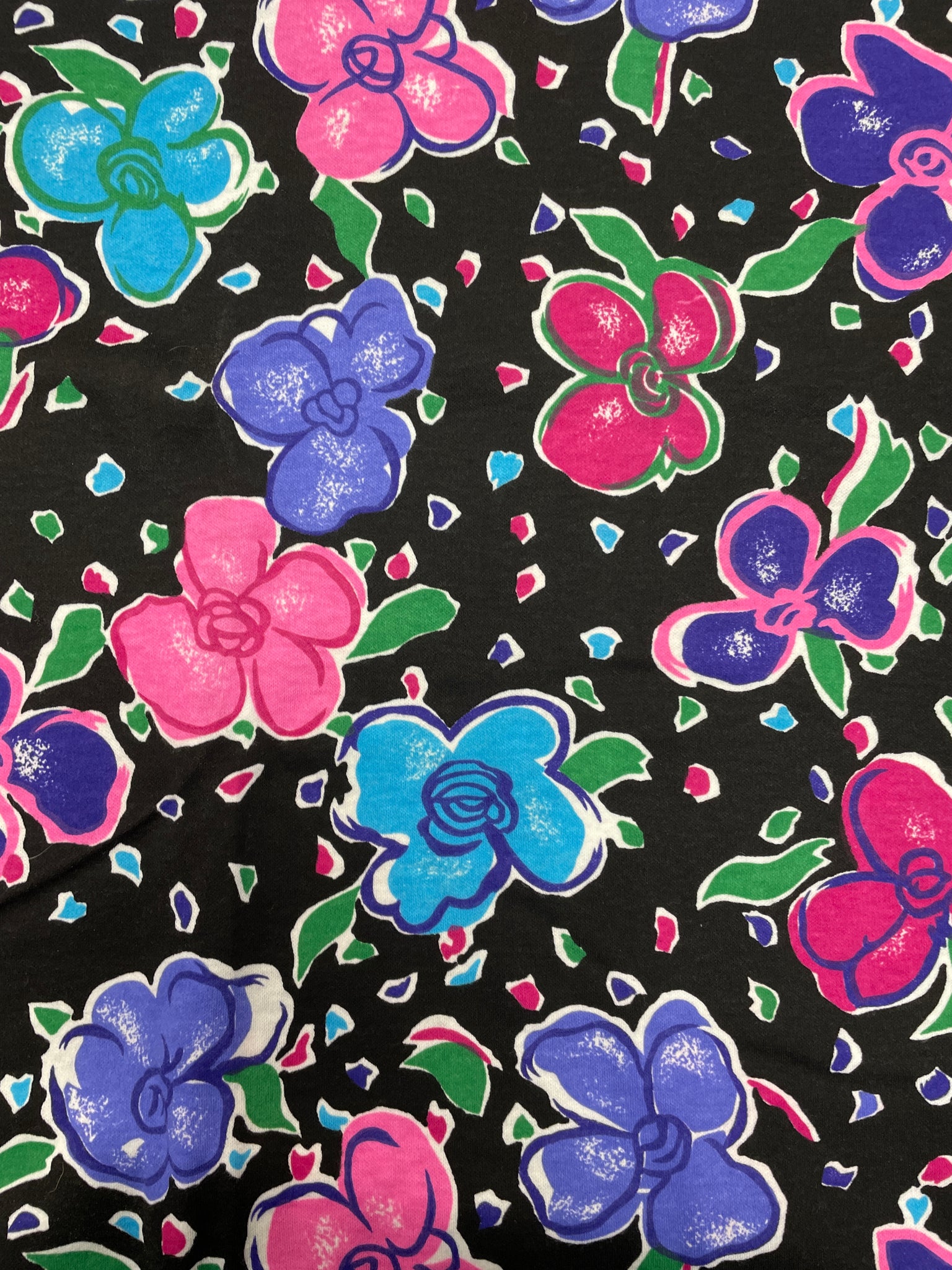 2 1/2 YD Poly/Cotton Knit - Bright Pink, Purple and Blue Flowers on Black