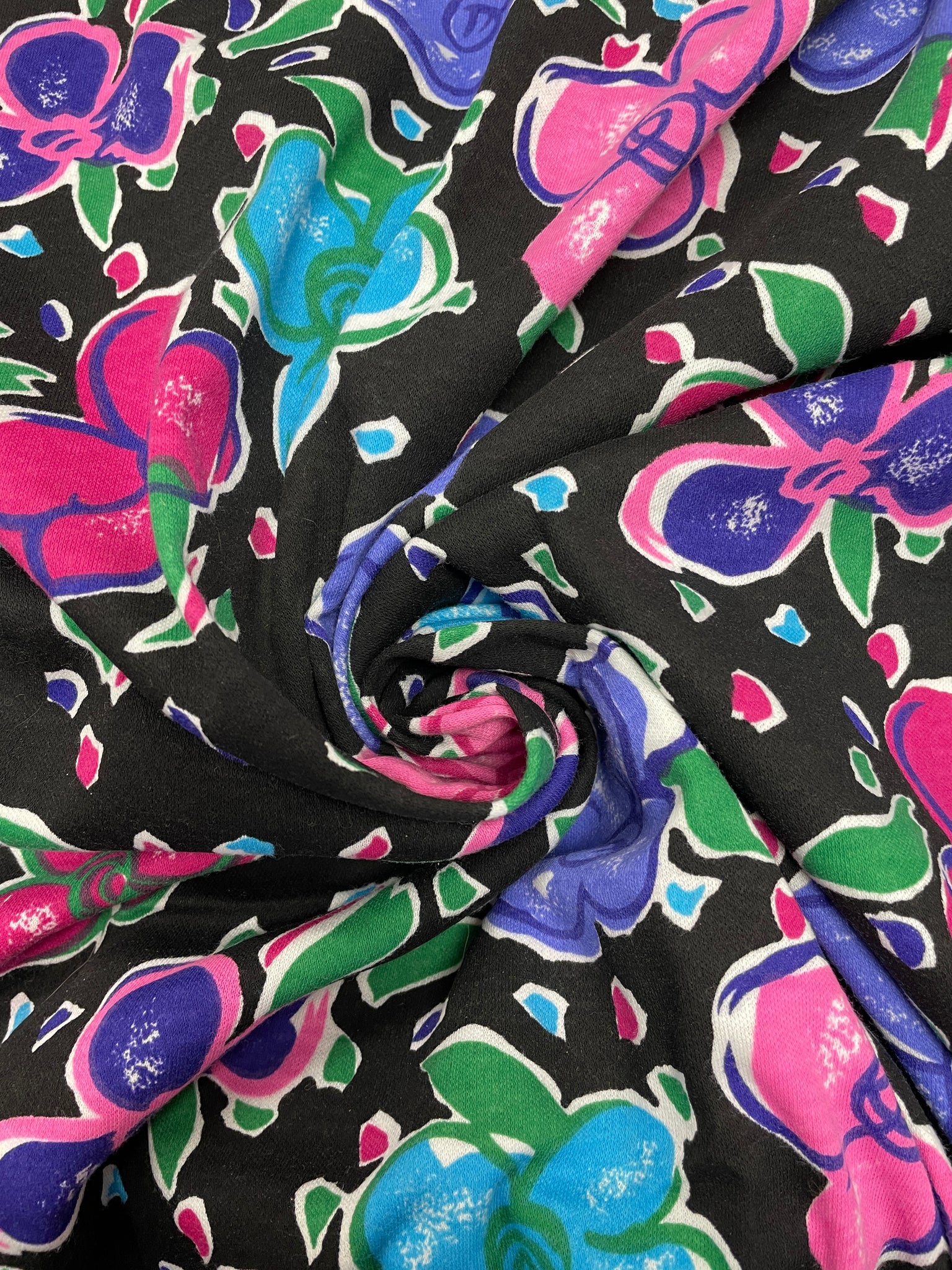 2 1/2 YD Poly/Cotton Knit - Bright Pink, Purple and Blue Flowers on Black