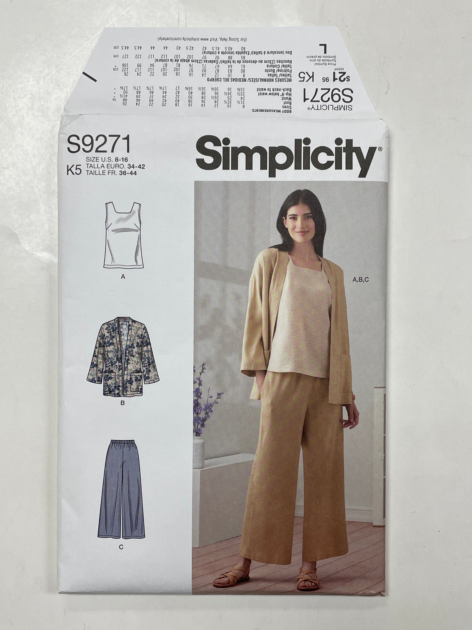 2021 Simplicity 9271 Sewing Pattern - Top, Jacket and Pants FACTORY FOLDED