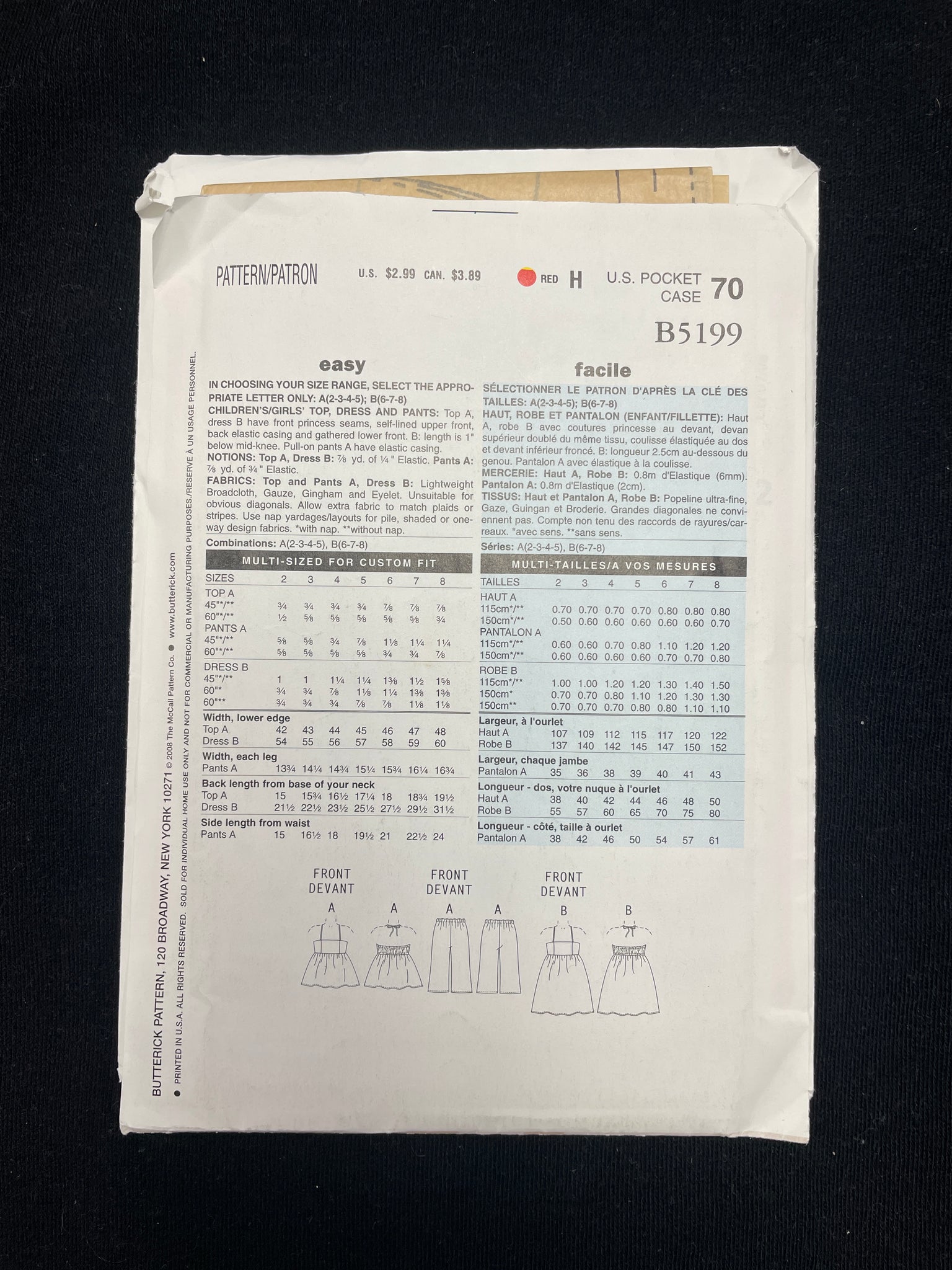 2008 See & Sew 5199 Sewing Pattern - Child's Dress, Top and Pants FACTORY FOLDED