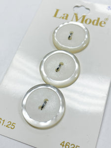 SALE Button Set of 3 Plastic - White with Pearlescent Border