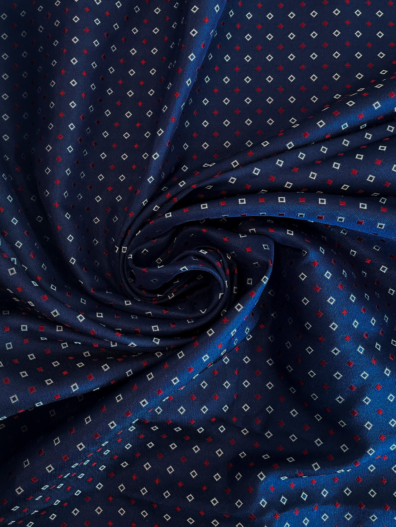 2 YD Tie Silk - Navy Blue with Light Gray and Red Diamonds
