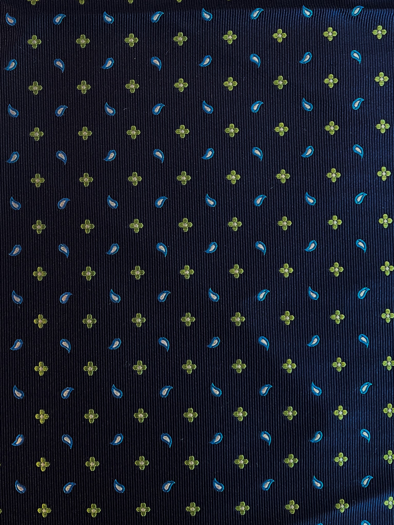 2 1/8 YD Tie Silk - Navy Blue with Green Flowers and Blue Paisley with Gray Centers