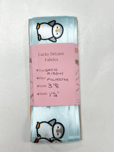3 1/8 YD Polyester Printed Satin Ribbon - Ice Blue with Penguins