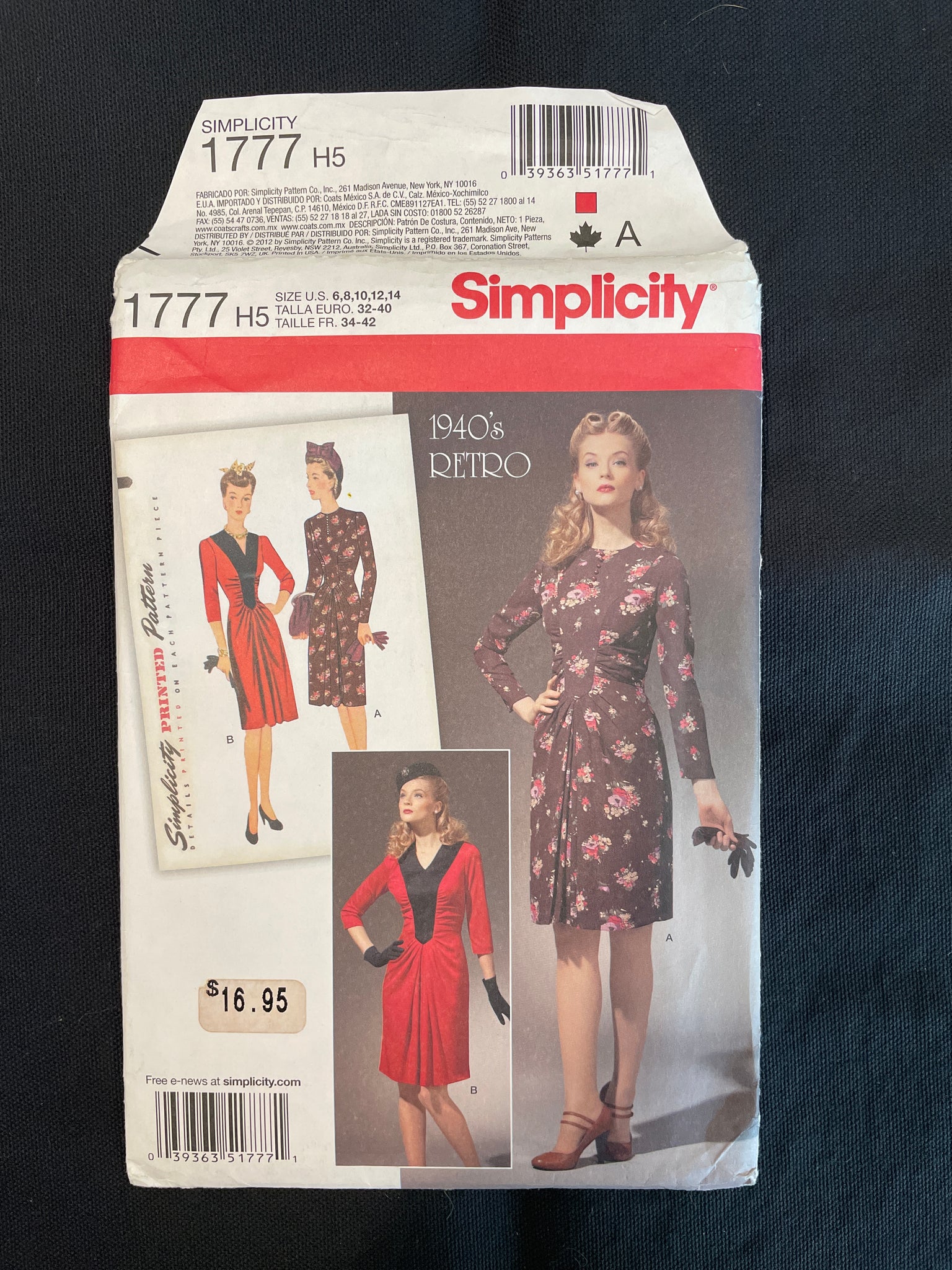 1940's Simplicity 1777 Reproduction Sewing Pattern - Adult Dress FACTORY FOLDED