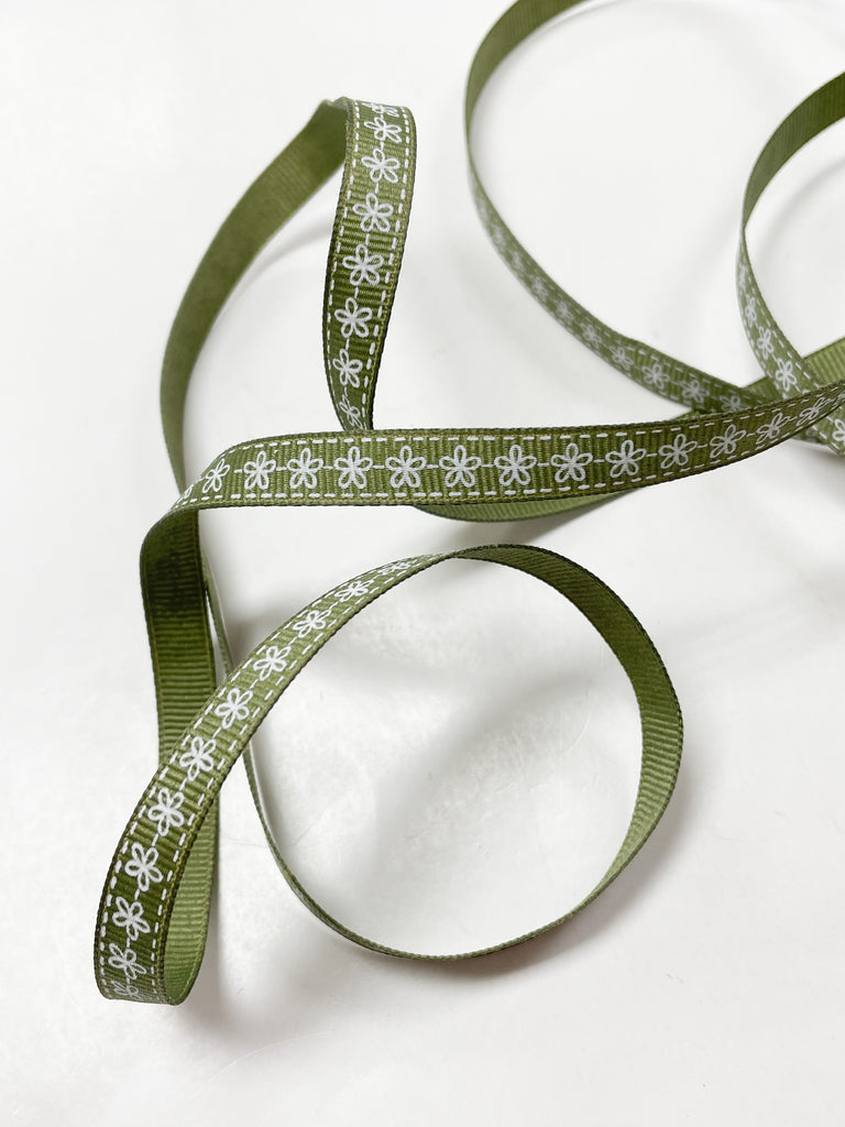 2 1/2 YD Polyester Printed Grosgrain Ribbon - Sage Green with White Flowers