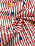7/8 YD Cotton Duck Remnant Vintage - White Printed with Red Stripes, Blue Ladybugs and Yellow Flowers