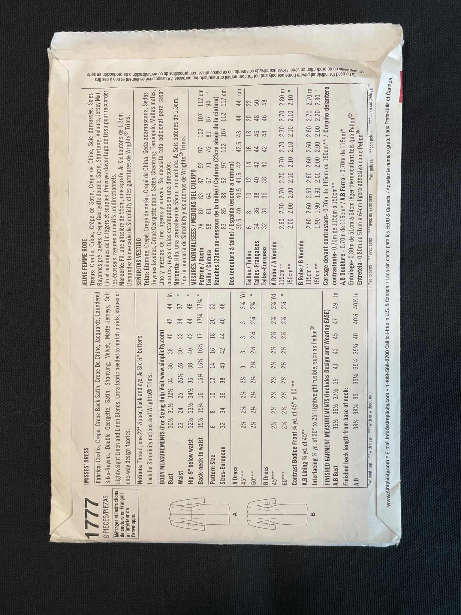 1940's Simplicity 1777 Reproduction Sewing Pattern - Adult Dress FACTORY FOLDED