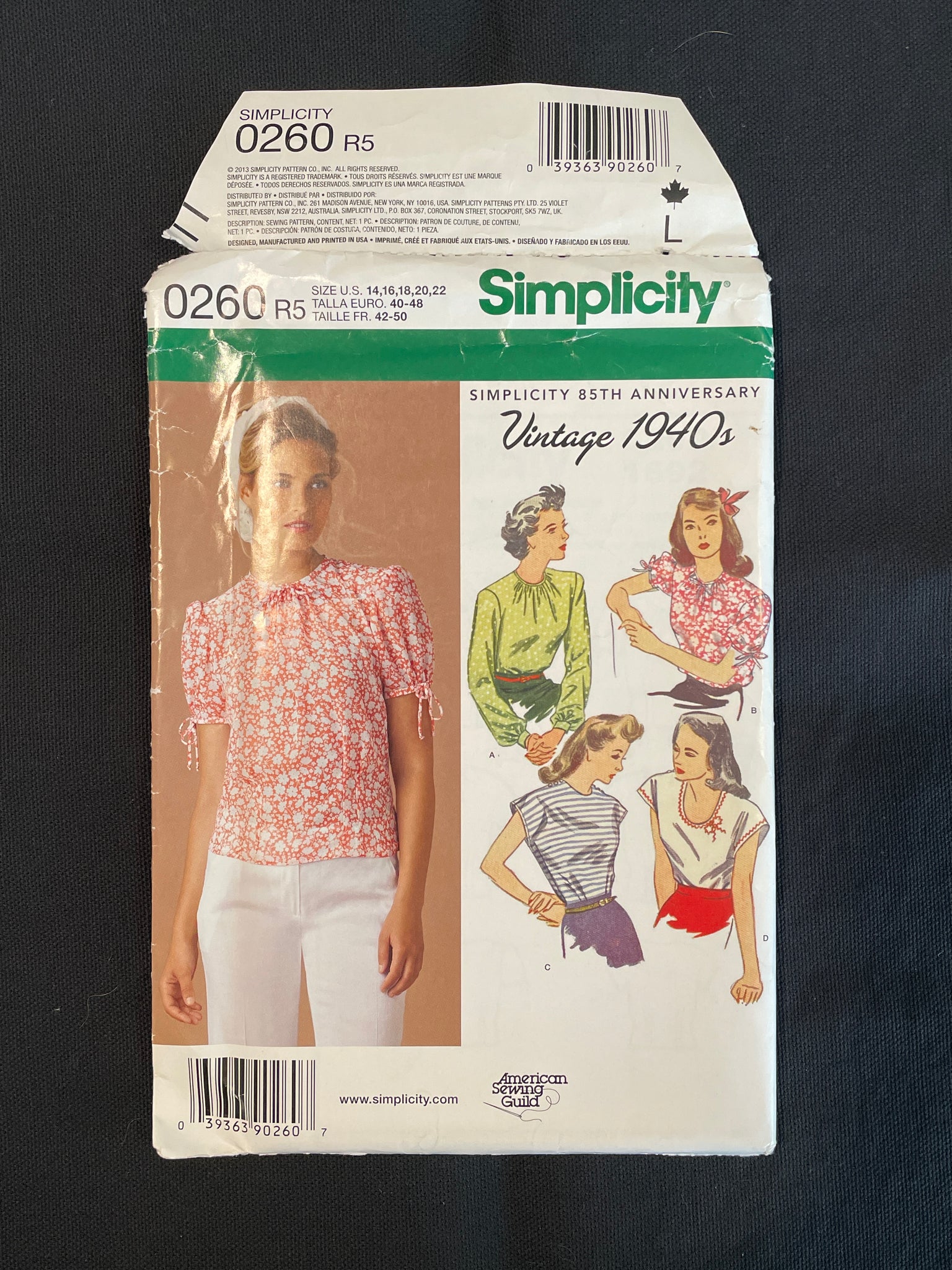 1940's Simplicity 0260 Reproduction Sewing Pattern - Adult Blouses FACTORY FOLDED