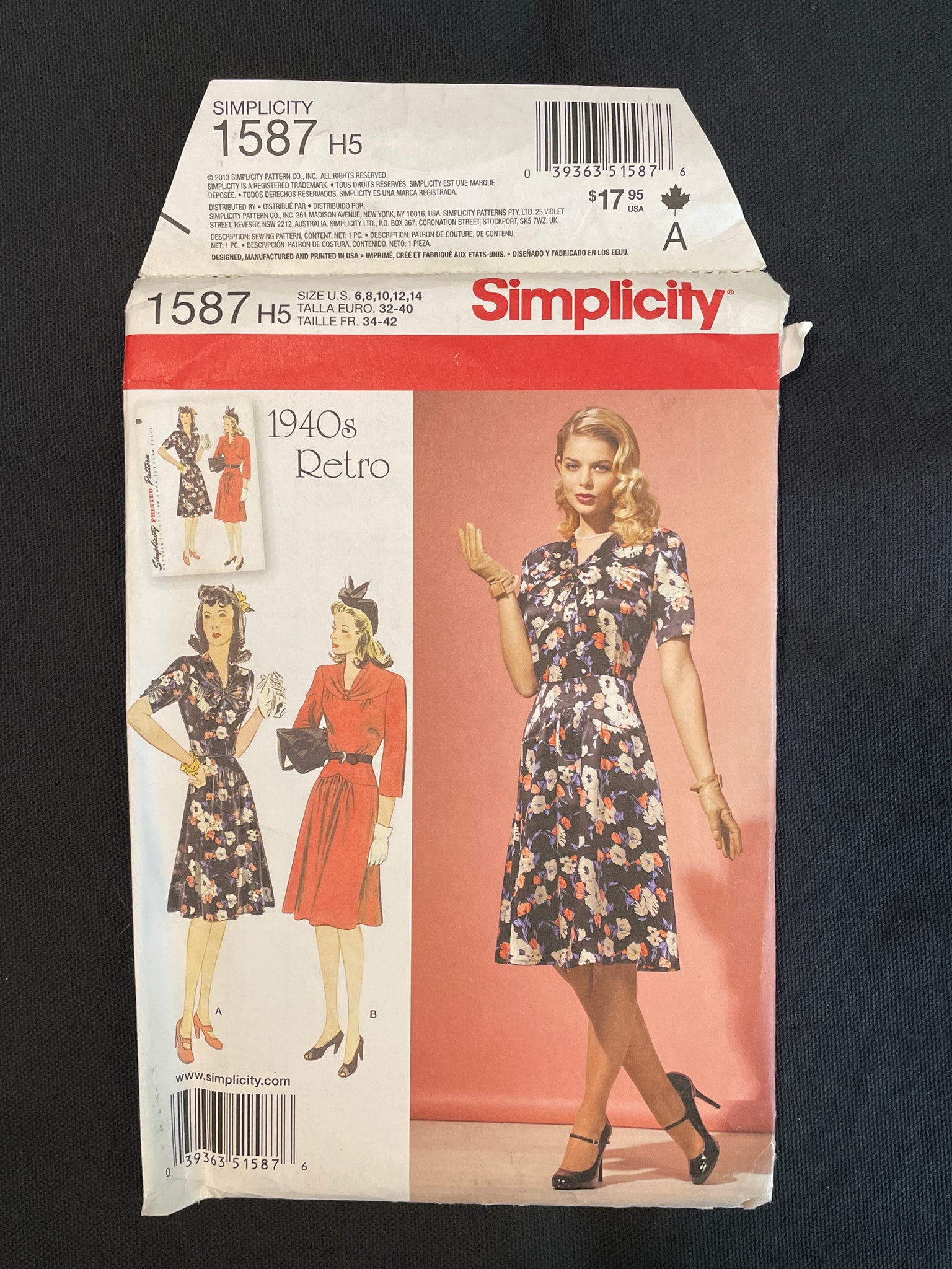 1940's Simplicity 1587 Reproduction Sewing Pattern - Adult Dress FACTORY FOLDED