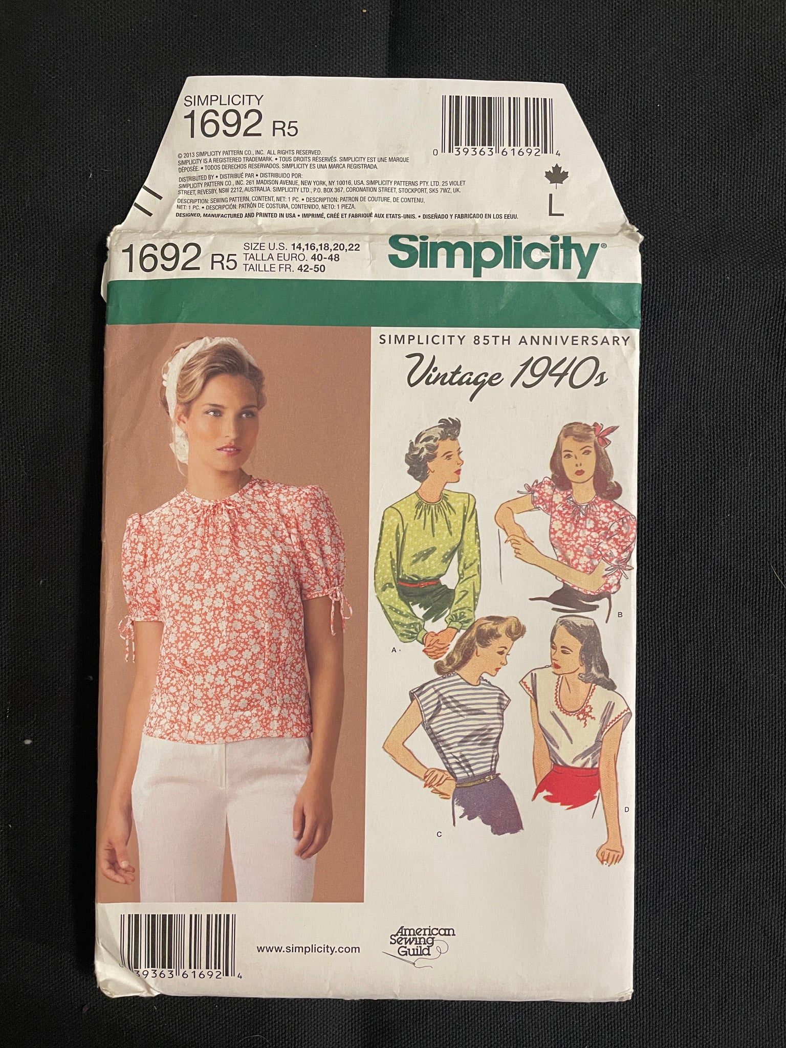 1940's Simplicity 1692 Reproduction Sewing Pattern - Adult Blouses FACTORY FOLDED