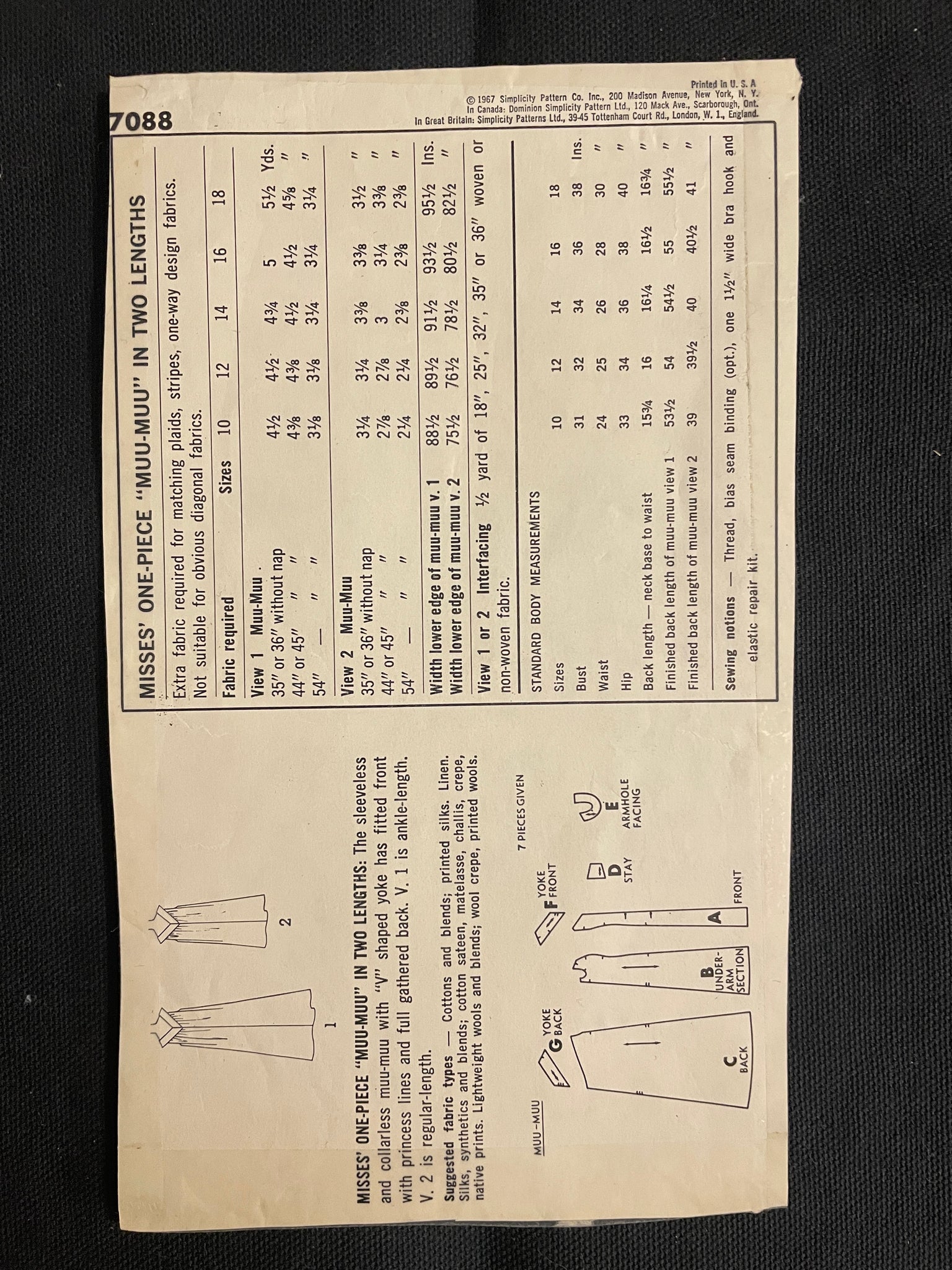 1967 Simplicity 7088 Sewing Pattern - Adult Dresses FACTORY FOLDED