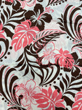 1 YD Quilting Cotton - Salmon and Brown Tropical Flowers and Leaves on Off White