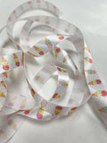 3 YD Polyester Printed Satin Ribbon - White with Smiley Ice Cream Cones