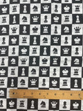 7/8+ YD Quilting Cotton - Black and White Checks with Black and White Chess Pieces
