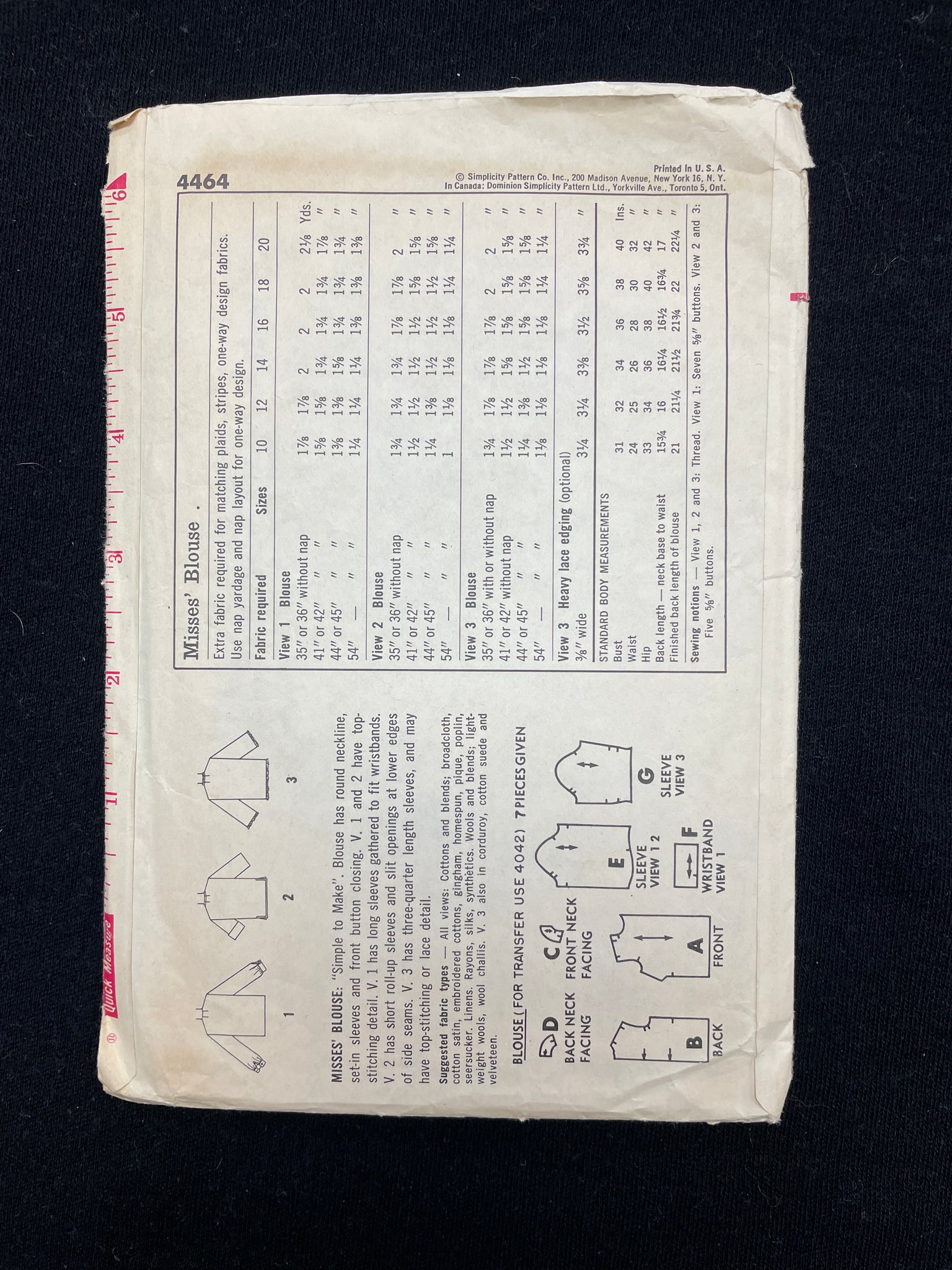 1960's Simplicity 4464 Sewing Pattern - Adult Blouses