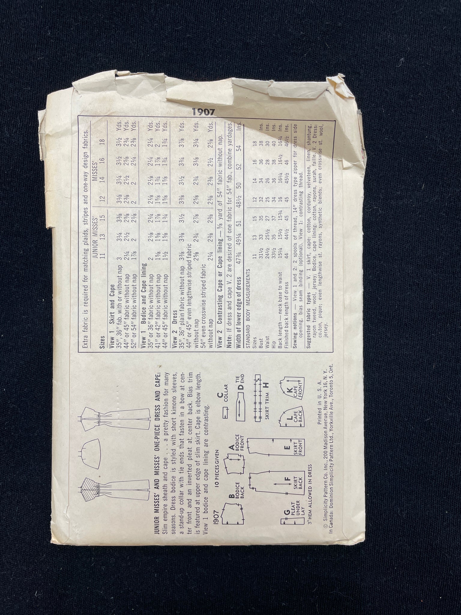 1950's Simplicity 1907 Sewing Pattern - Adult Dress and Cape