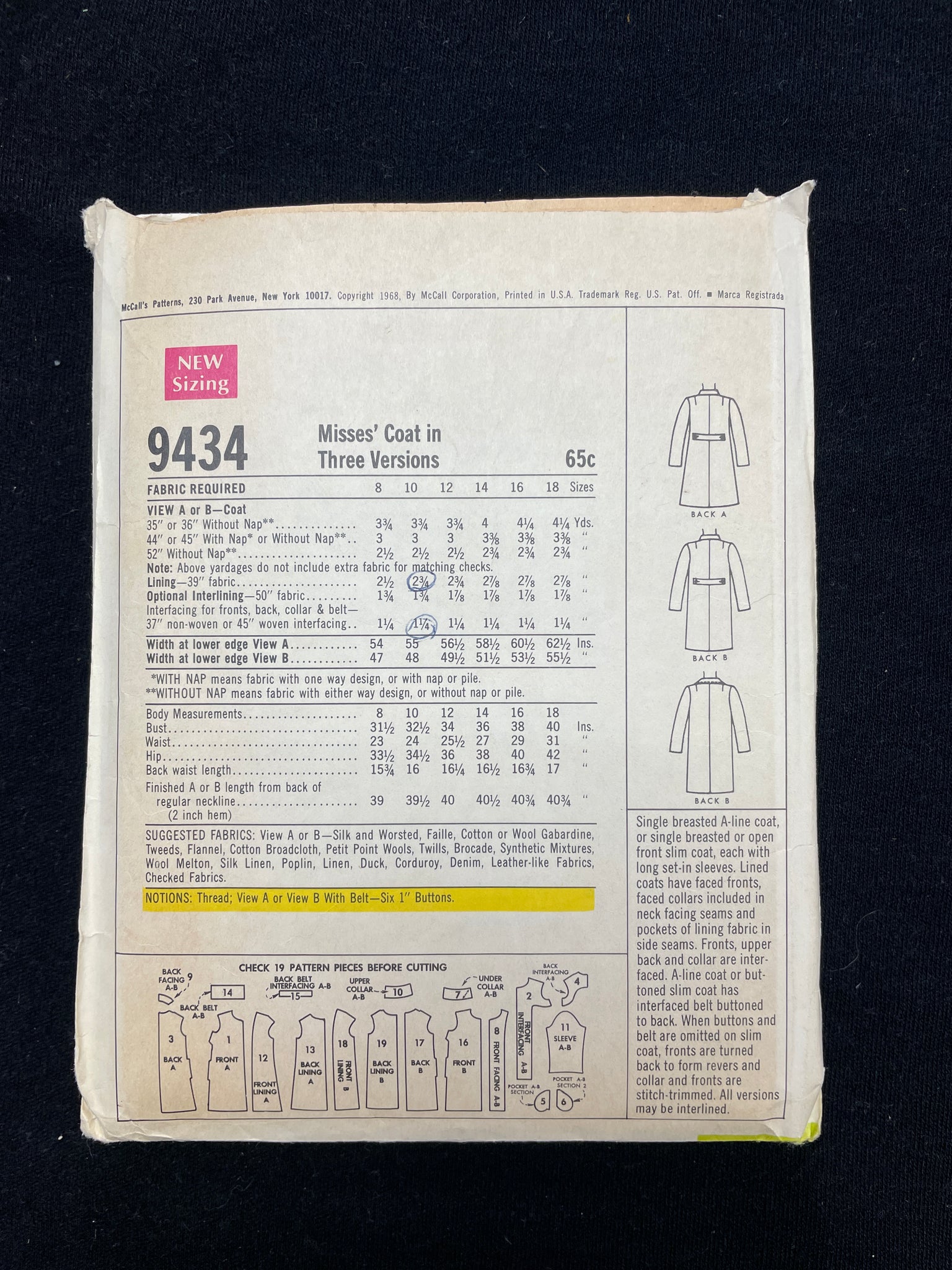 1968 McCall's 9434 Sewing Pattern - Adult Coats