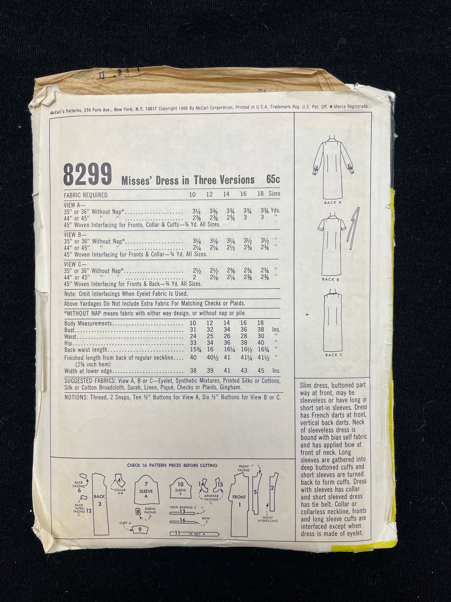 1966 McCall's 8299 Sewing Pattern - Adult Dresses