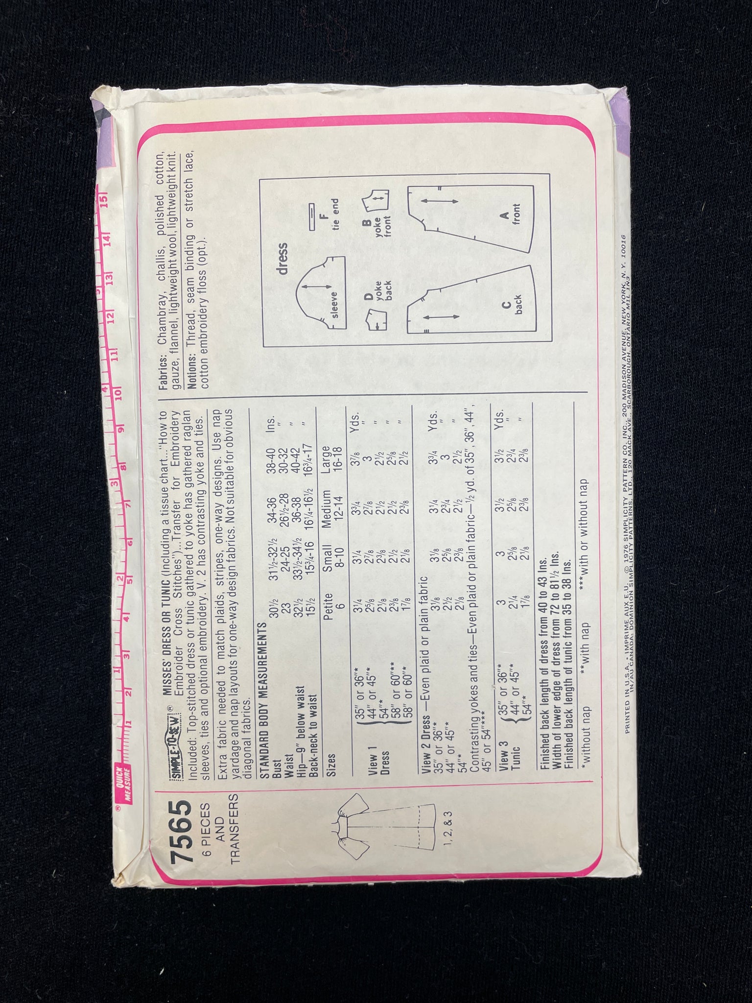 1976 Simplicity 7565 Sewing Pattern - Adult Dress and Tunic