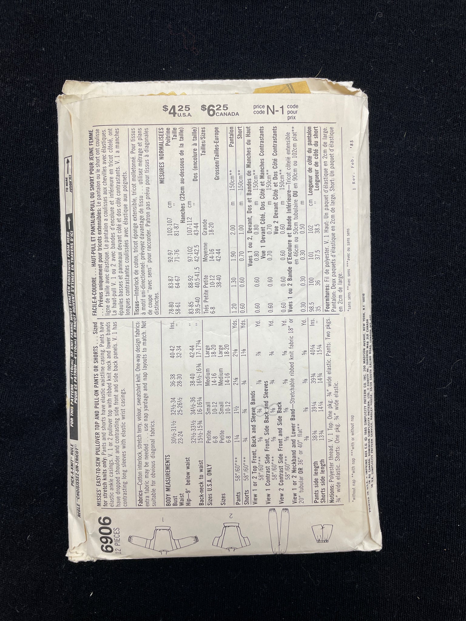 1985 Simplicity 6906 Sewing Pattern - Adult Knit, Pullover Tops, Pants and Shorts