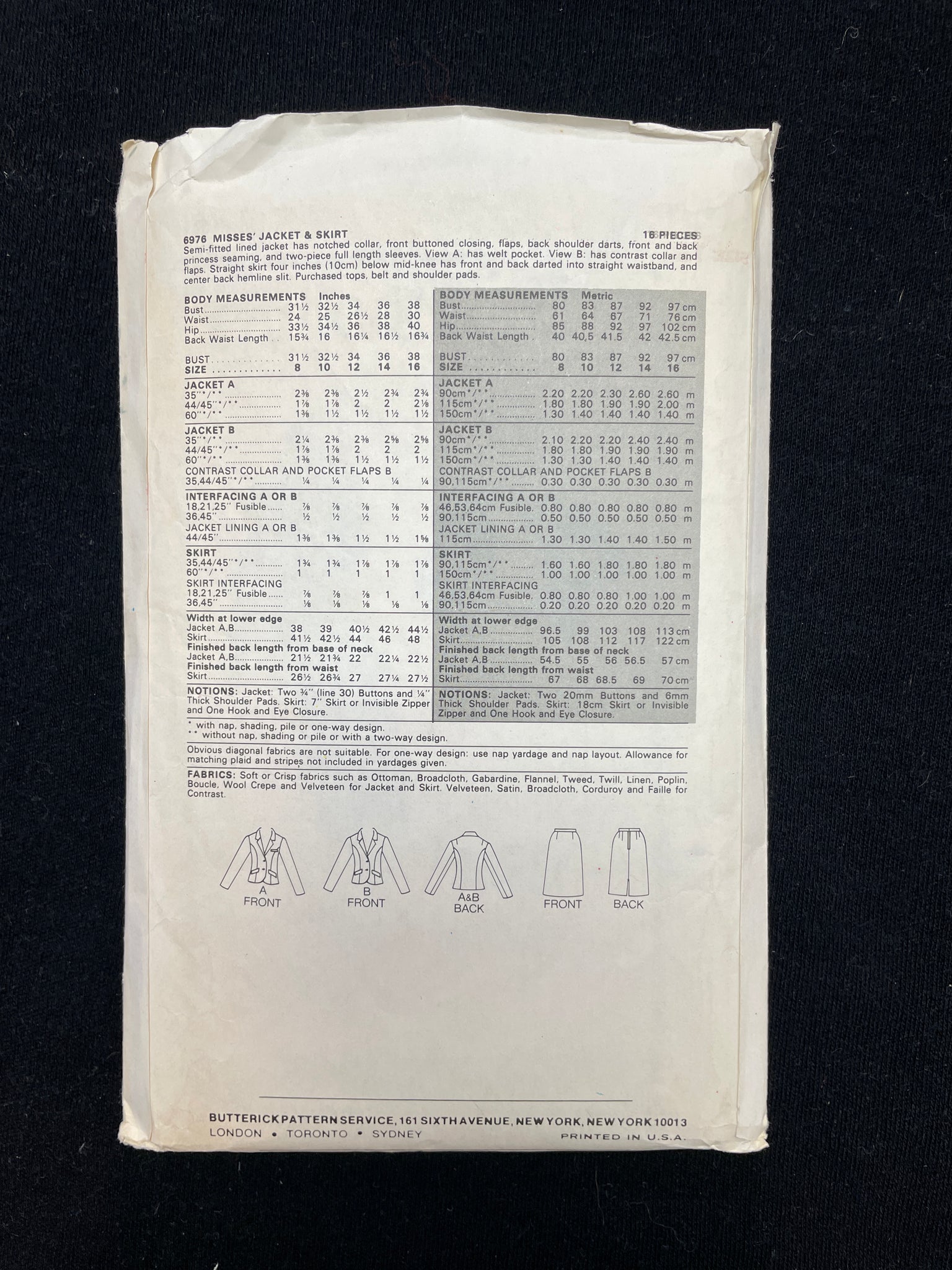 1980's Butterick 6976 Sewing Pattern - Adult Jacket and Skirt