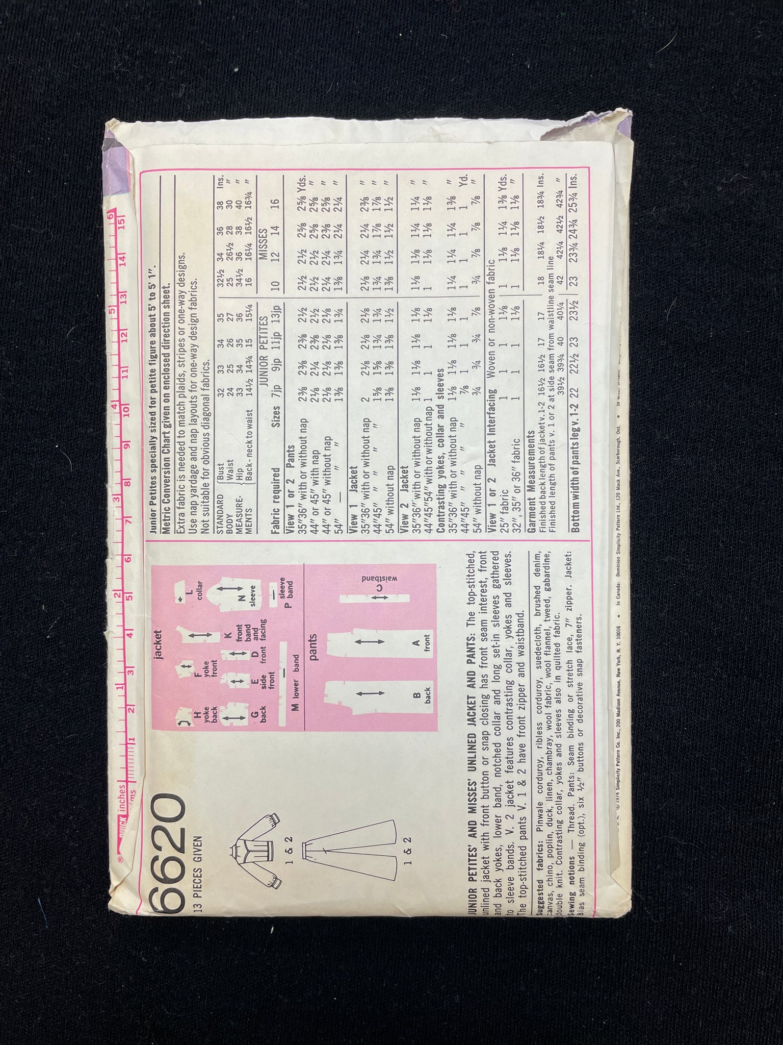 1974 Simplicity 6620 Sewing Pattern - Adult Jacket and Pants