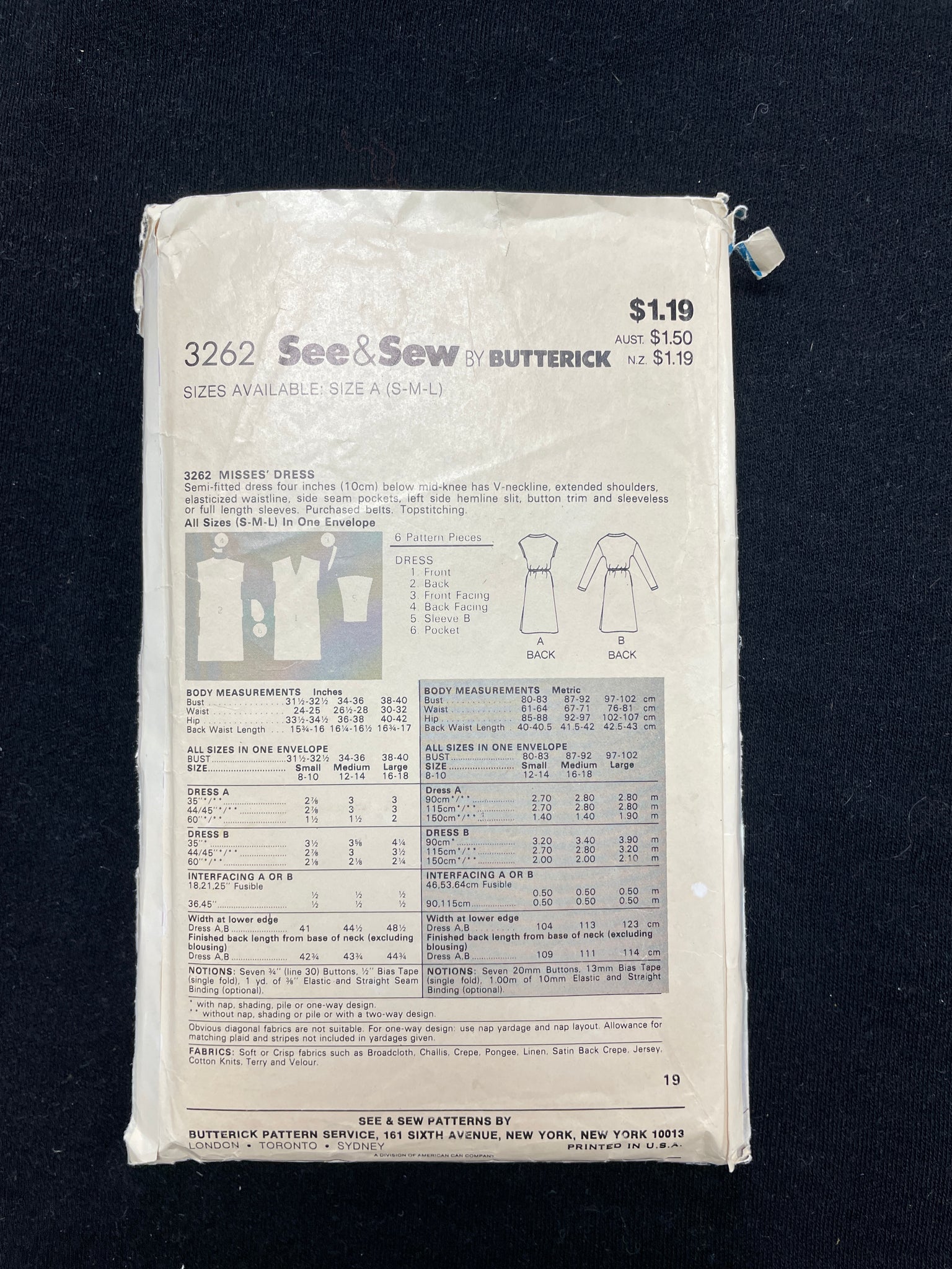1980's See & Sew 3262 Sewing Pattern - Adult Dress