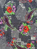 3 3/4+ YD Rayon - Purple, Green, and Red Paisley and Flowers on Navy Blue with White Geometric