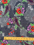 3 3/4+ YD Rayon - Purple, Green, and Red Paisley and Flowers on Navy Blue with White Geometric