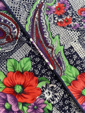3 3/4+ YD Rayon - Purple, Green, and Red Paisley and Flowers on Navy Blue with White Geometric