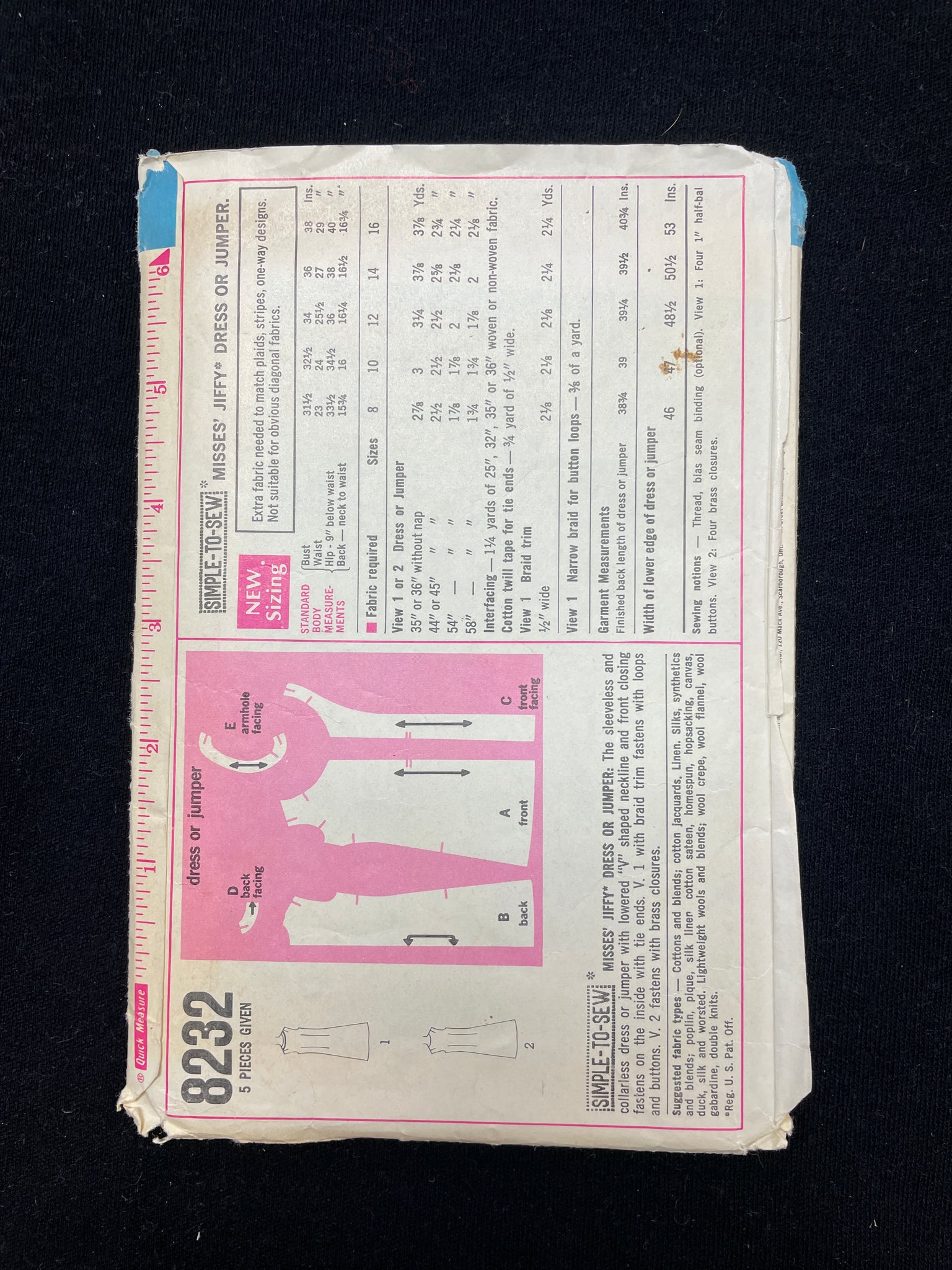 1969 Simplicity 8232 Sewing Pattern - Adult Dress