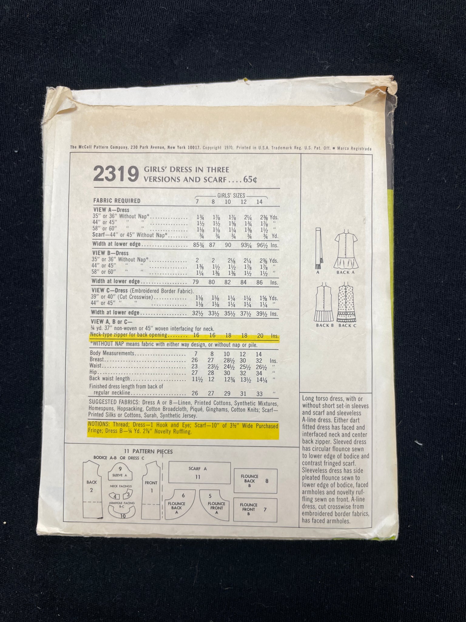 1970 McCall's 2319 Sewing Pattern - Child's Dresses