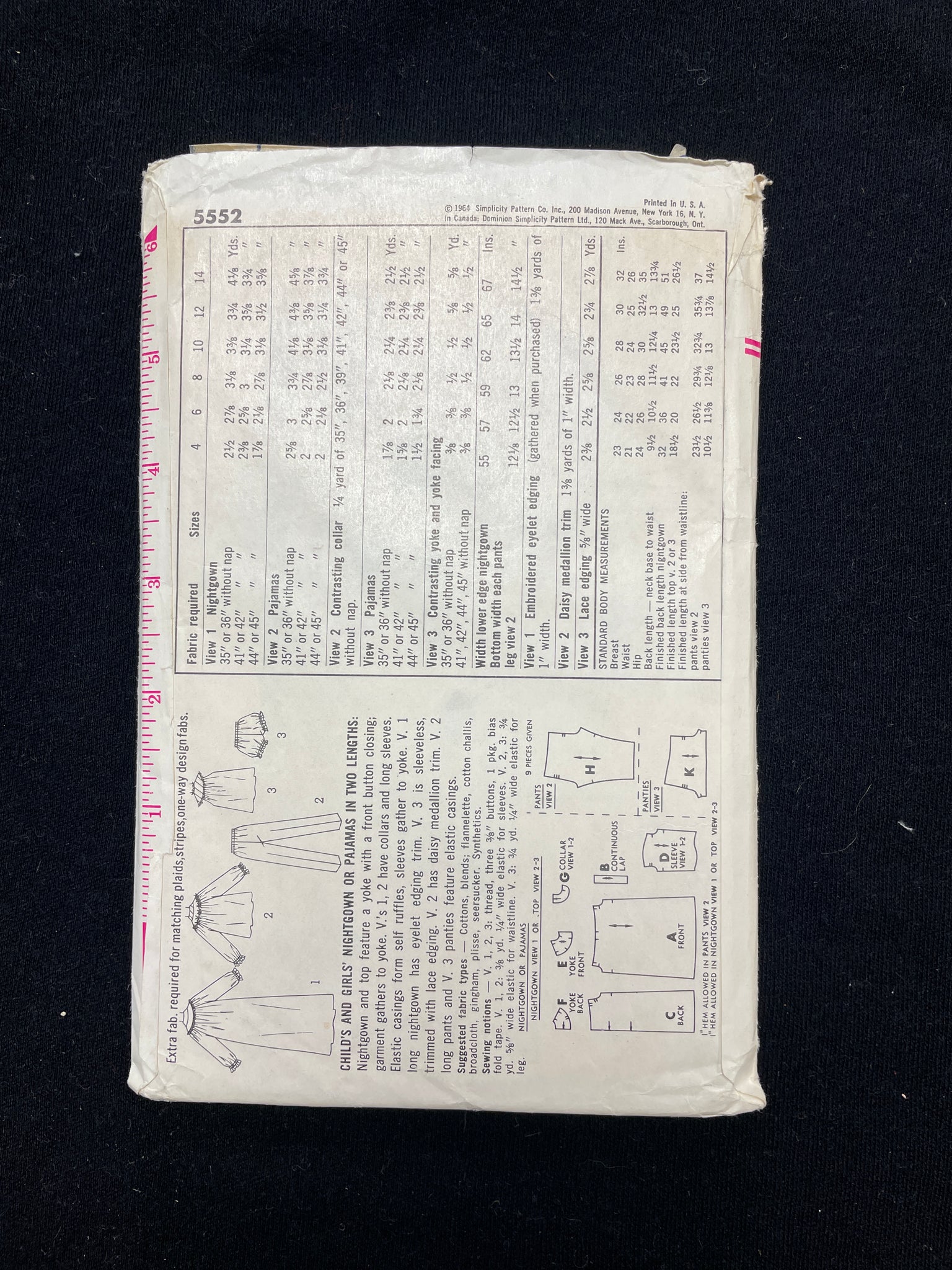 1964 Simplicity 5552 Sewing Pattern - Child's Nightgown and Pajamas