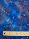 3 1/2 YD Nylon Chiffon - Mottled Blue with Rust Red and Glitter Flowers