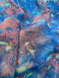 3 1/2 YD Nylon Chiffon - Mottled Blue with Rust Red and Glitter Flowers