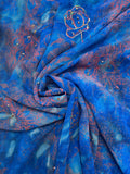3 1/2 YD Nylon Chiffon - Mottled Blue with Rust Red and Glitter Flowers